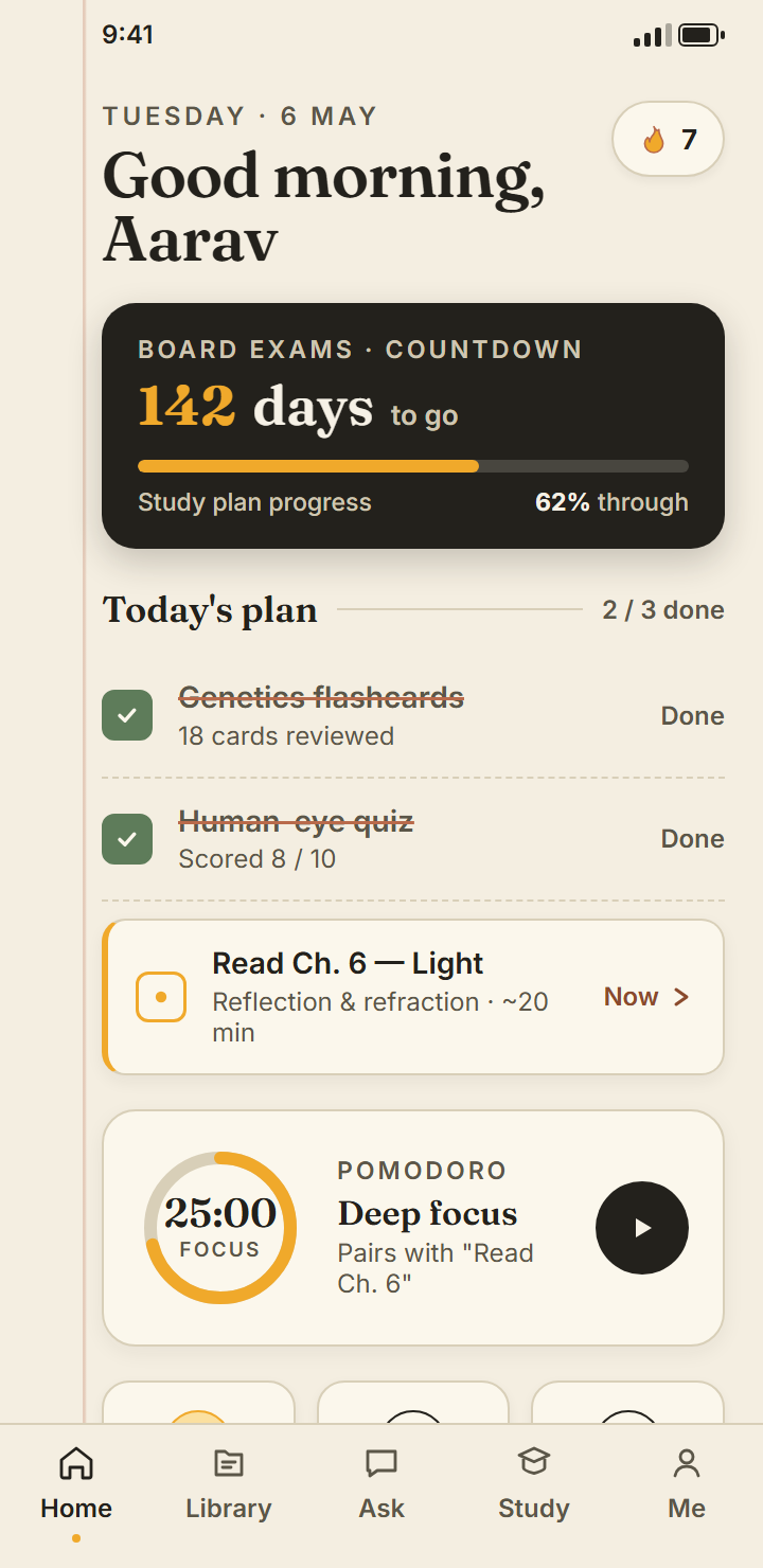 Daily plan, streak and focus timer