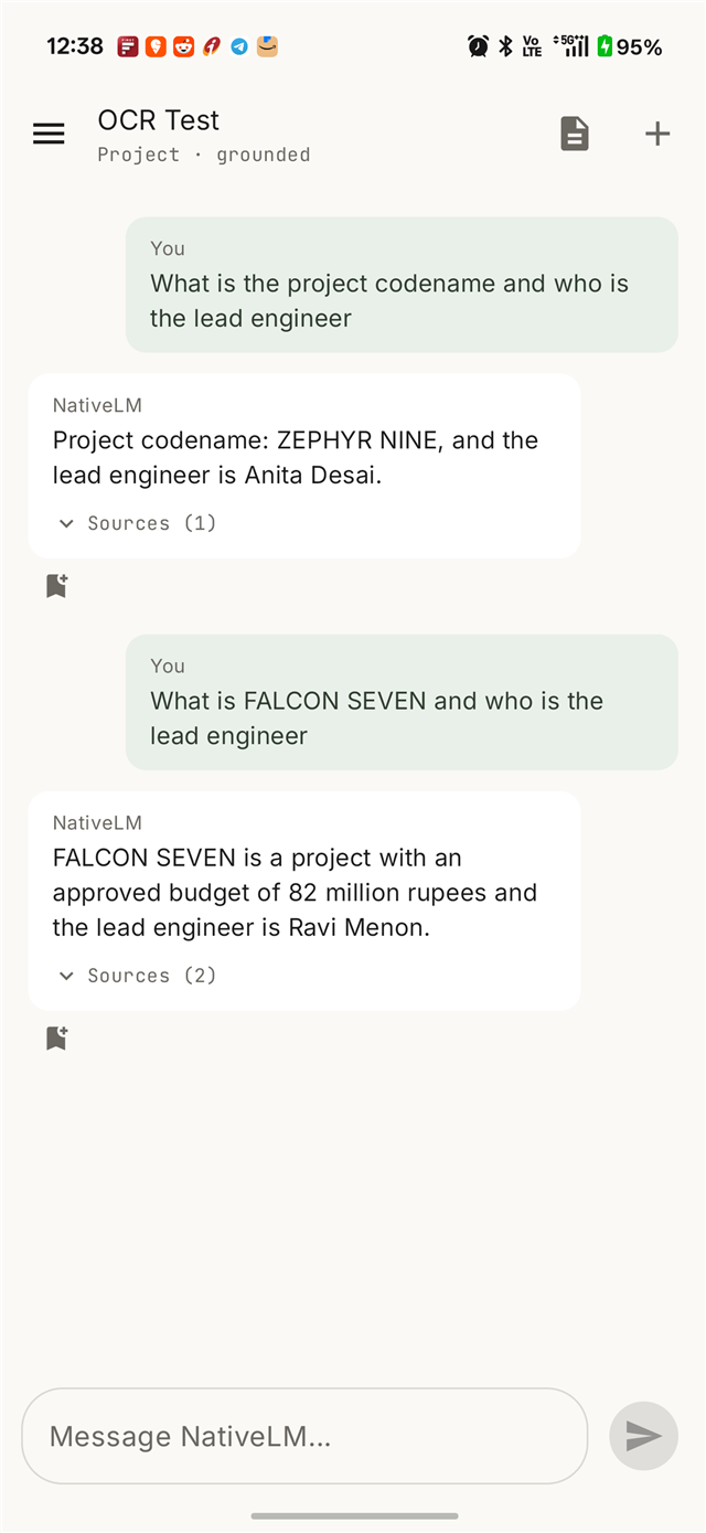 NativeLM answering questions grounded in OCR'd sources — a photographed memo and an image-only PDF