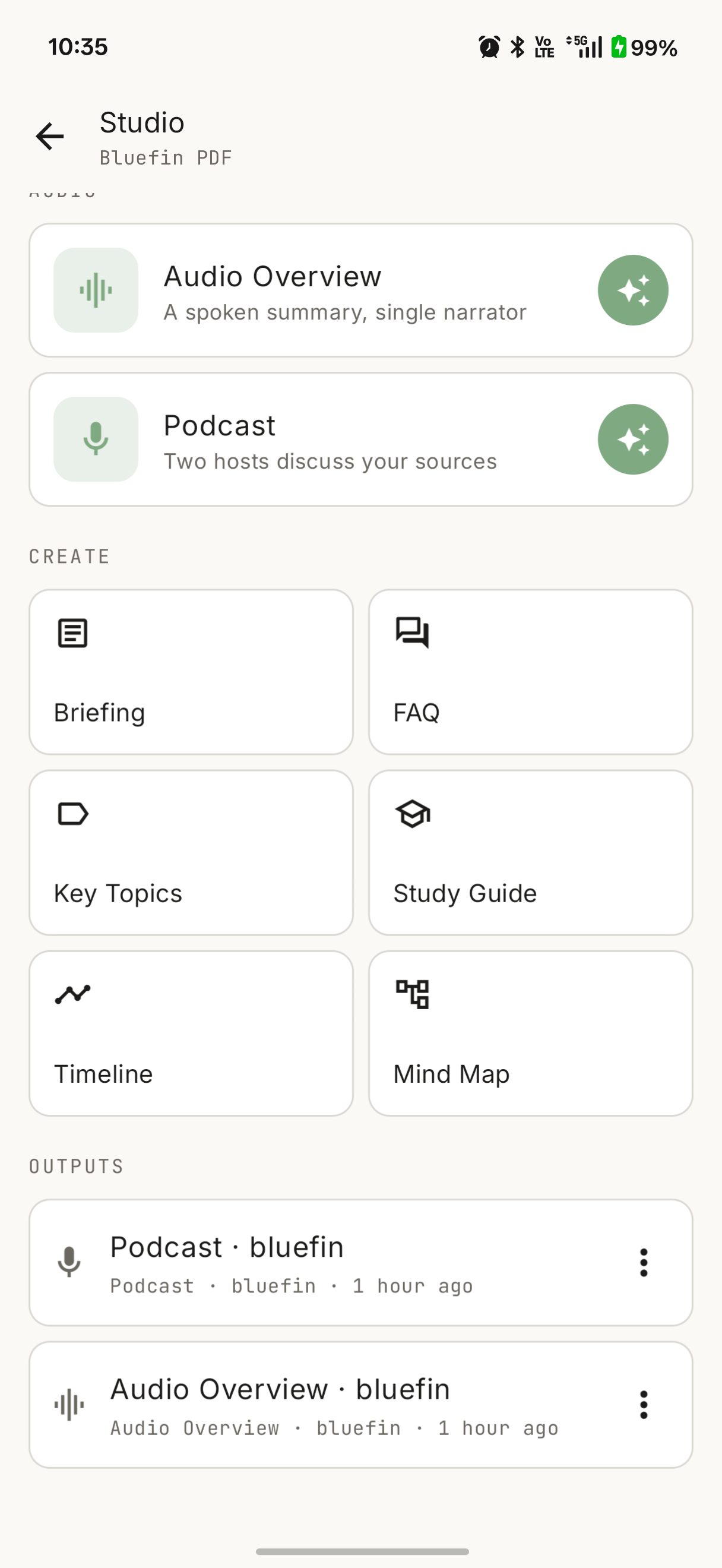 NativeLM Studio generate panel — audio hero cards over a grid of text artifact types