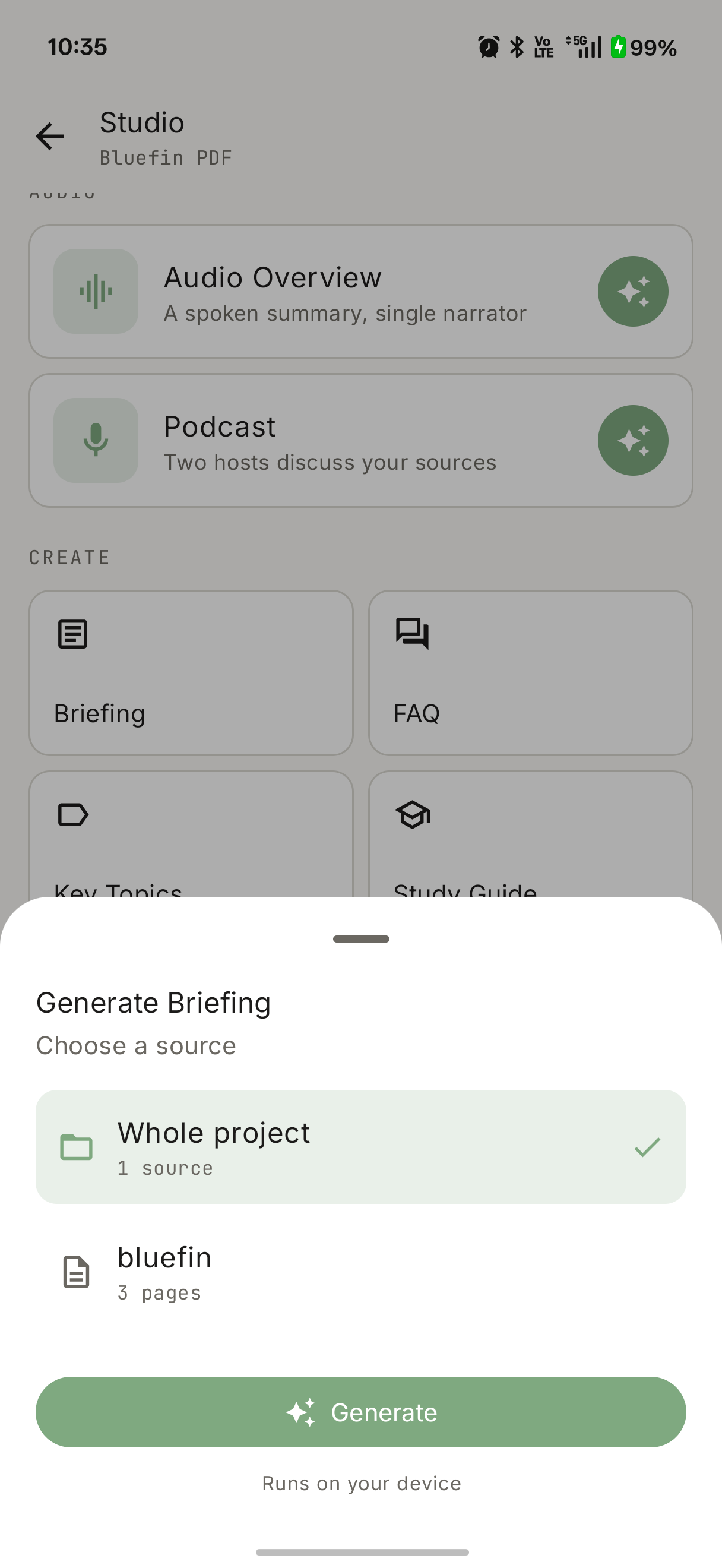 NativeLM Studio source picker — choose the whole project or a single document